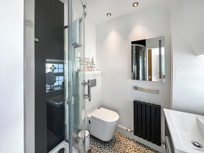 A modern bathroom with a glass shower enclosure, a toilet, a sink, and a radiator. - 1 bedroom accommodation in Whithorn, near Wigtown (Whithorn, near Wigtown)