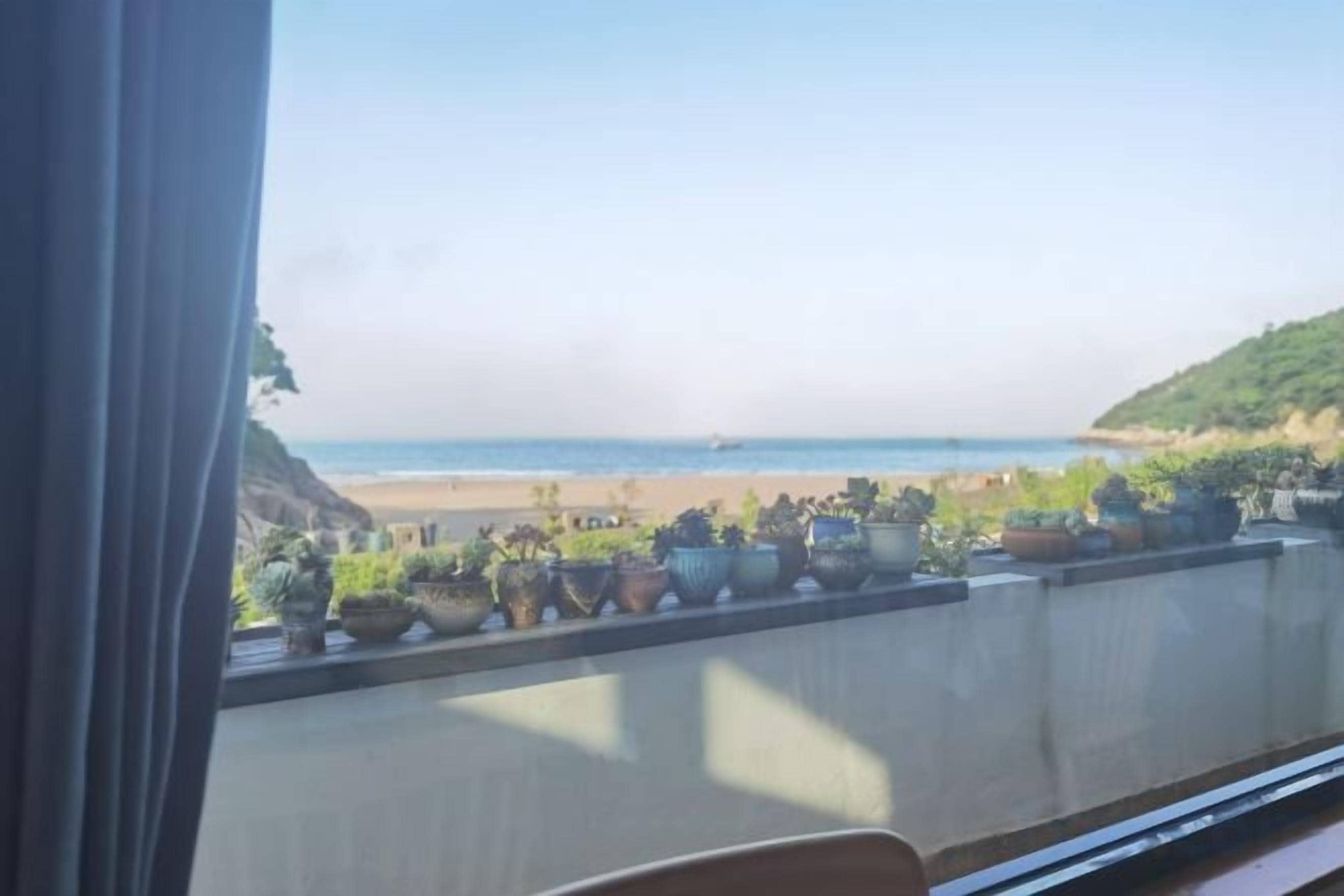 A balcony with potted plants and a view of the beach.