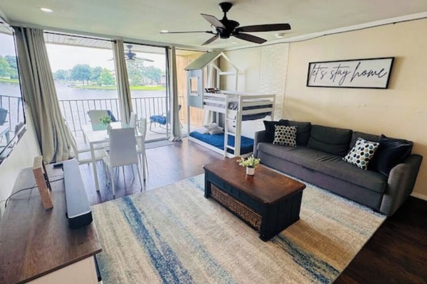 Recently remodeled open living room with a beautiful view of the lake.