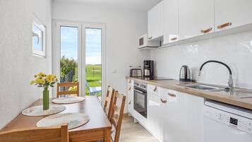 Fridge, stovetop, dishwasher, coffee/tea maker