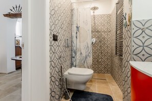 Shower, hair dryer, bidet, towels