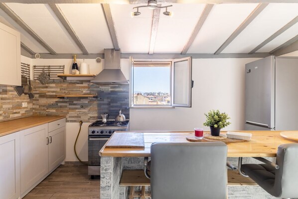 Fridge, oven, stovetop, cookware/dishes/utensils