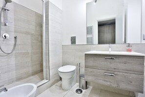 Shower, hair dryer, bidet, towels