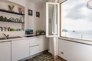 Geladeira, fogão, cooktop, talheres/pratos/utensílios de cozinha