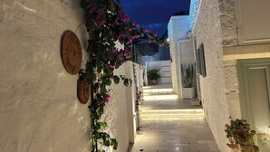 A narrow pathway flanked by white walls with a wooden door and a potted plant. - Charming suites among trulli in the heart of Alberobello (Alberobello)