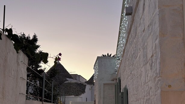 A narrow pathway leading to a building with a white facade and a thatched roof structure in the background. - Charming suites among trulli in the heart of Alberobello (Alberobello)