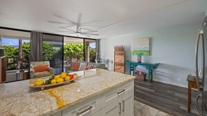 A modern kitchen with a marble countertop, a ceiling fan, and a view of the outdoors.