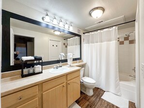 Hair dryer, bidet, towels, soap