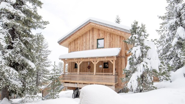 Een houten chalet met een balkon, omgeven door met sneeuw bedekte bomen.