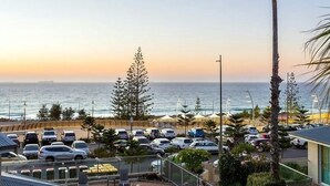 A parking lot with cars, a view of the ocean, and a tall palm tree. - Scarborough Sunset on Esplanade (Scarborough)