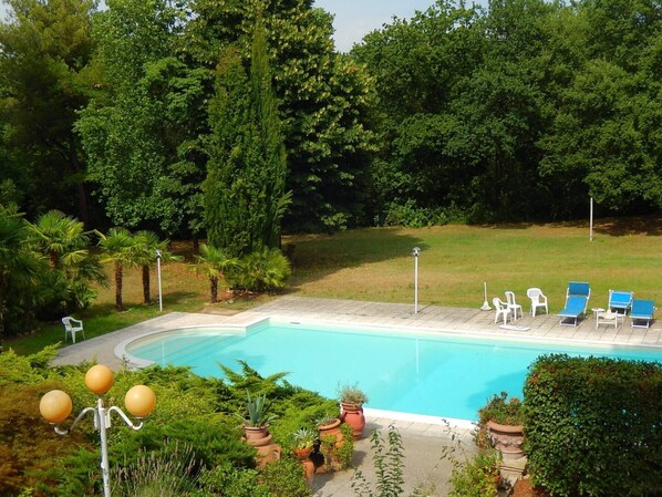 Une piscine entourée d’une végétation luxuriante, avec des chaises longues et des plantes en pot.