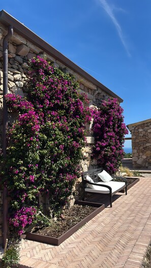 A stone building with a garden wall covered in purple flowers, a brick patio, and a white outdoor seating area.