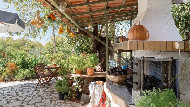 Eine Terrasse im Freien mit Steinboden, Holzmöbeln, Topfpflanzen und einem Backofen aus Ziegeln.