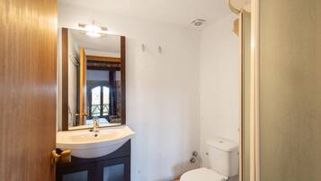 Ein Badezimmer mit Waschbecken, Spiegel, Toilette und Holztür.