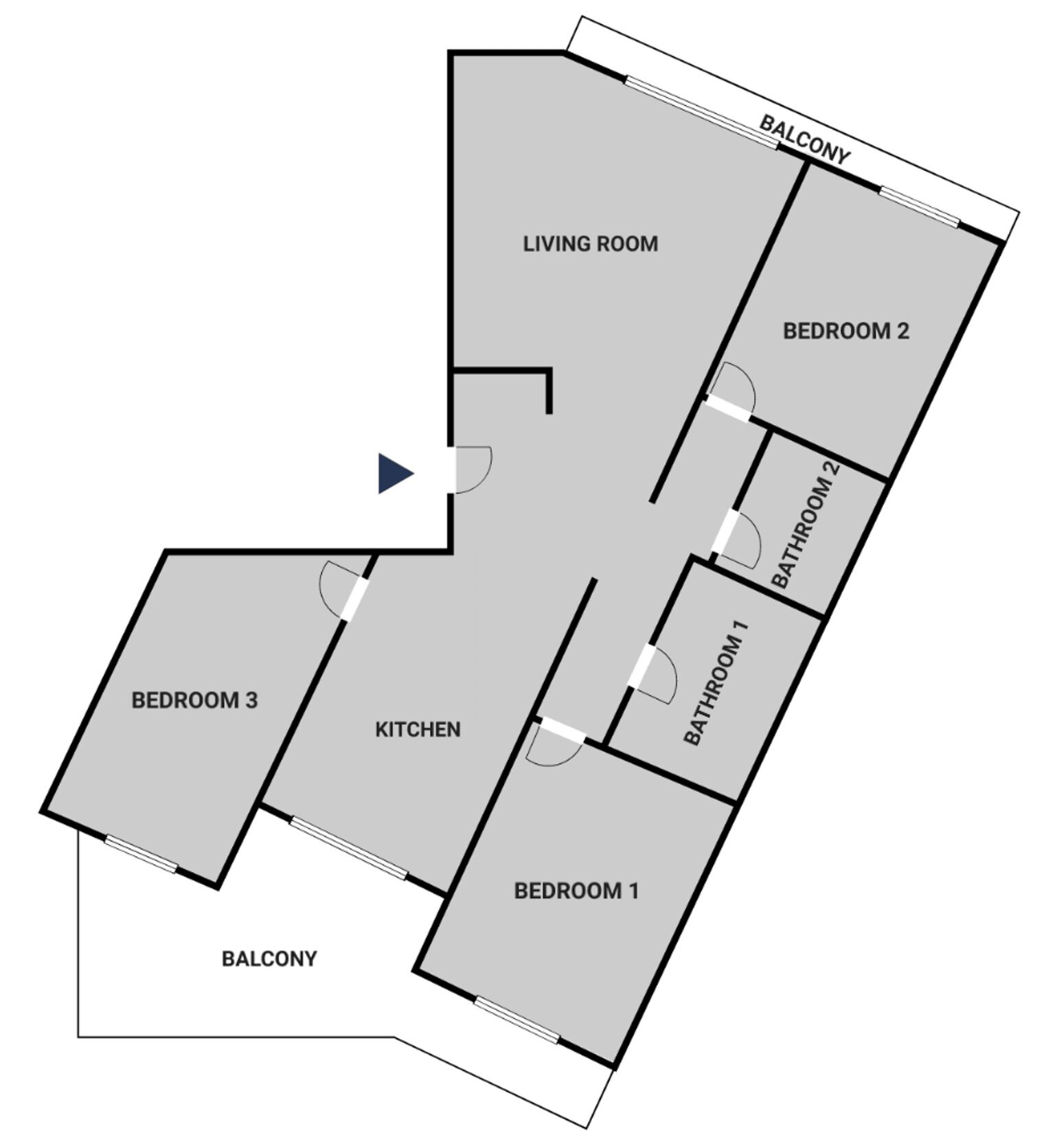 A floor plan with a living room, two bedrooms, a kitchen, two bathrooms, and a balcony.