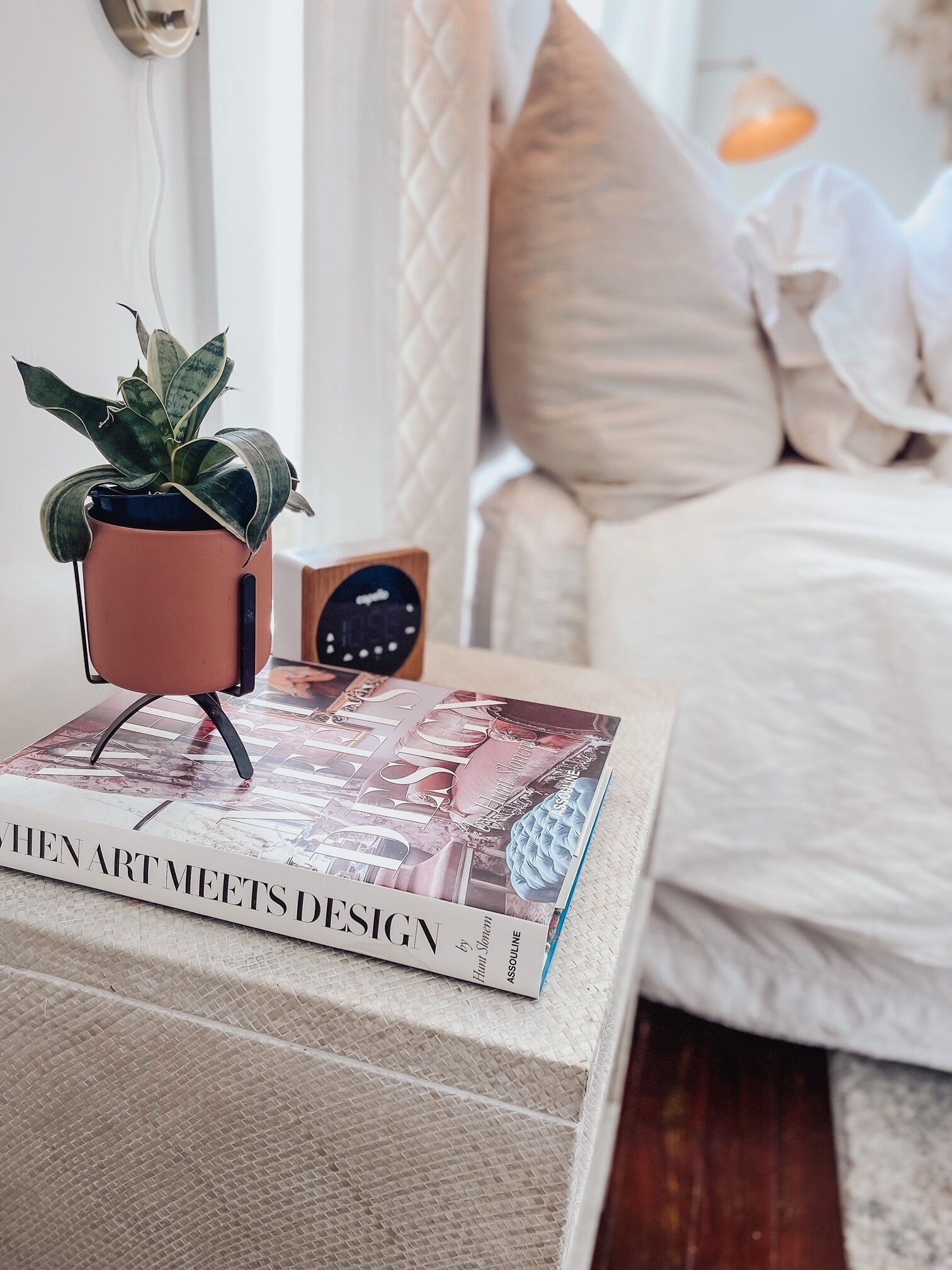 Ein gemütliches Wohnzimmer mit einer Couch, einem kleinen Tisch mit Pflanze und Buch sowie einer dekorativen Lampe.