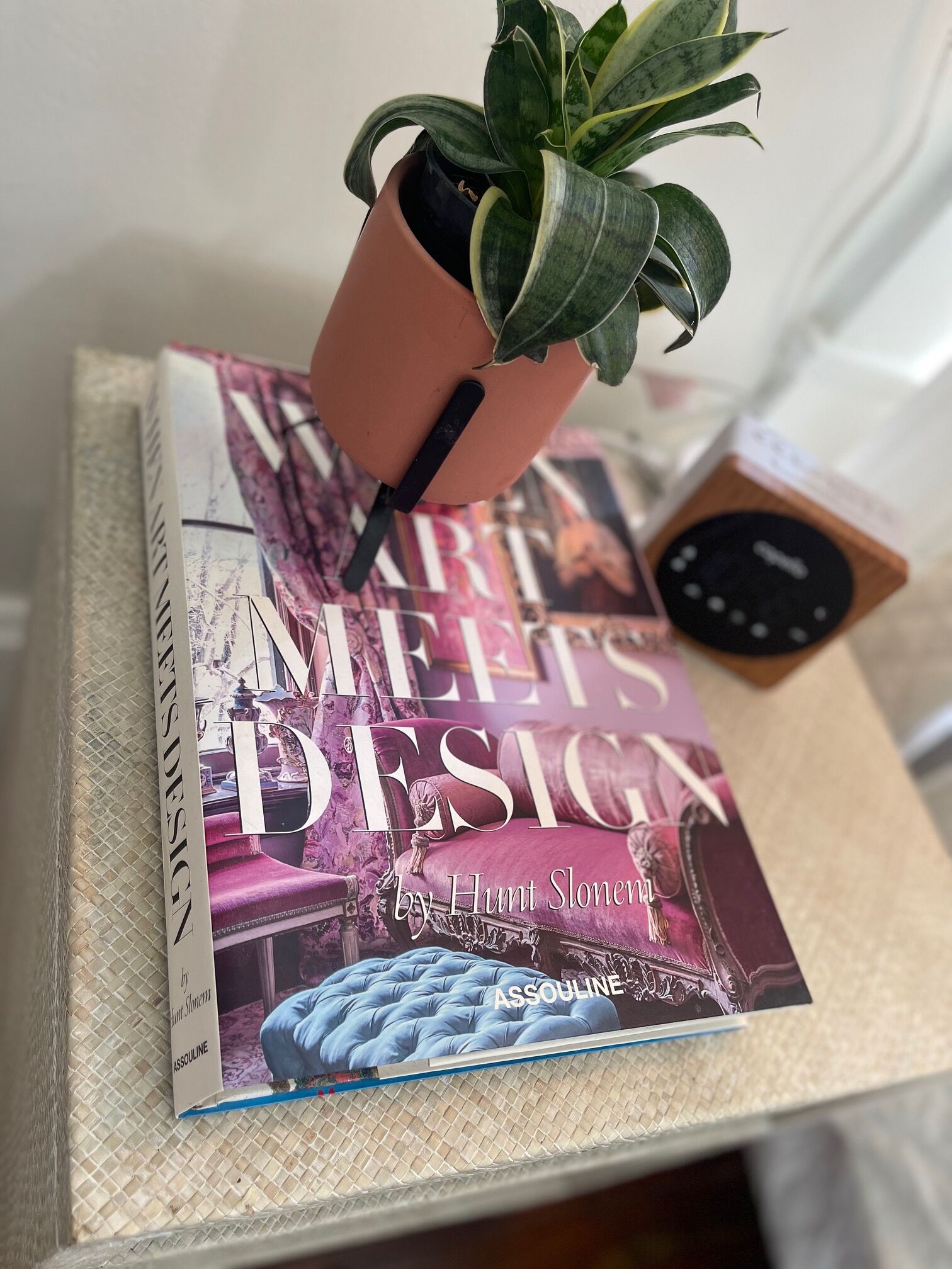 A book titled 'ART, MELTS, DESIGN' by Hunt Slonem on a table with a potted plant and a clock.