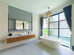Villa, 2 Bedrooms, Pool View | Bathroom | Separate tub and shower, free toiletries, towels, soap