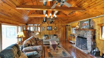 Smart TV, fireplace, DVD player, books