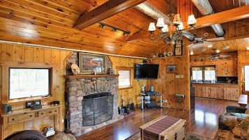 Smart TV, fireplace, DVD player, books