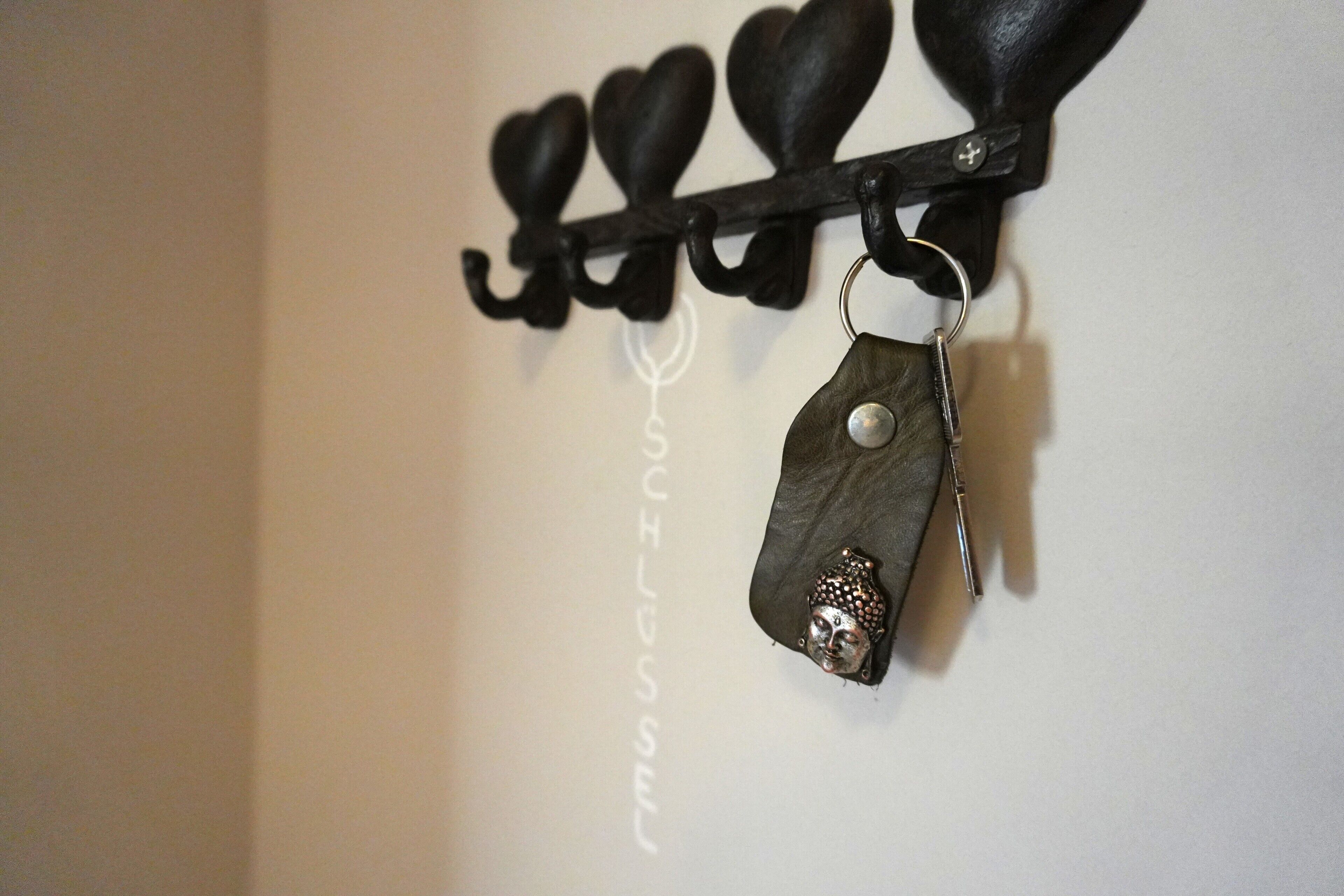 A wall-mounted hook with a keychain and a decorative metal piece.