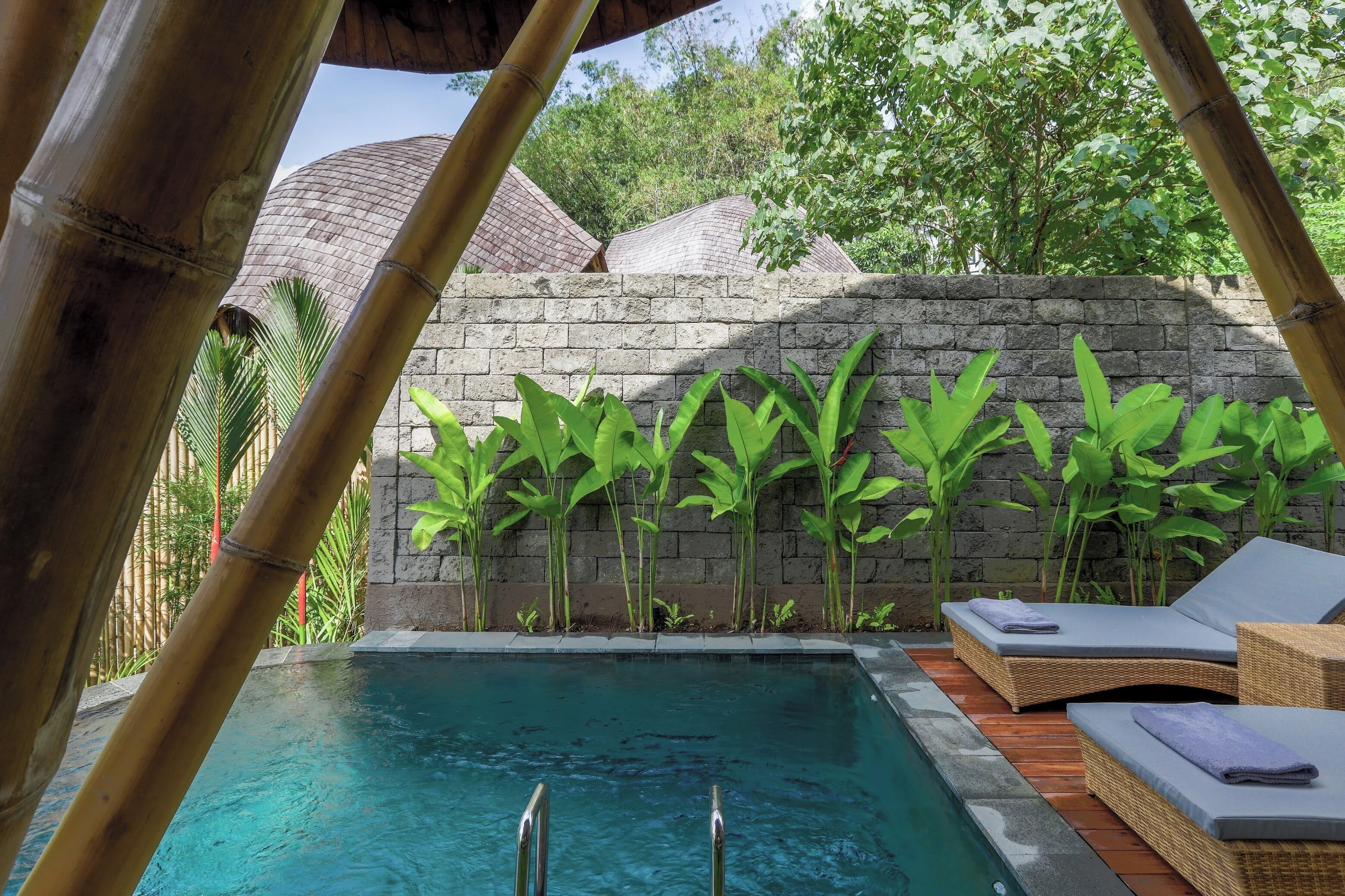 A pool area with lounge chairs and a stone wall with plants.