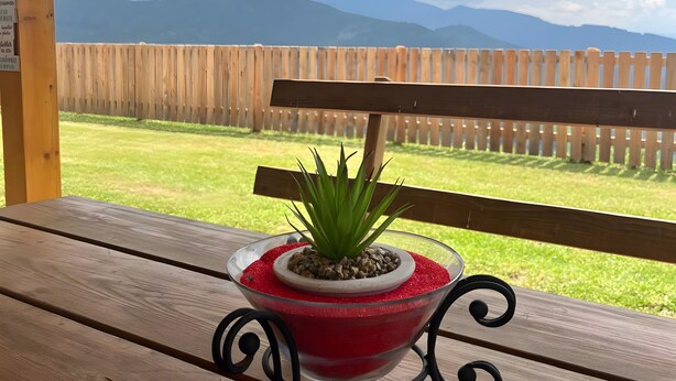 A wooden bench with a potted plant in front of a wooden fence, overlooking a grassy yard and distant mountains. - Apartment 'Fuchsbau' with Mountain View, Private Terrace and Wi-Fi (Vordertheissenegg)