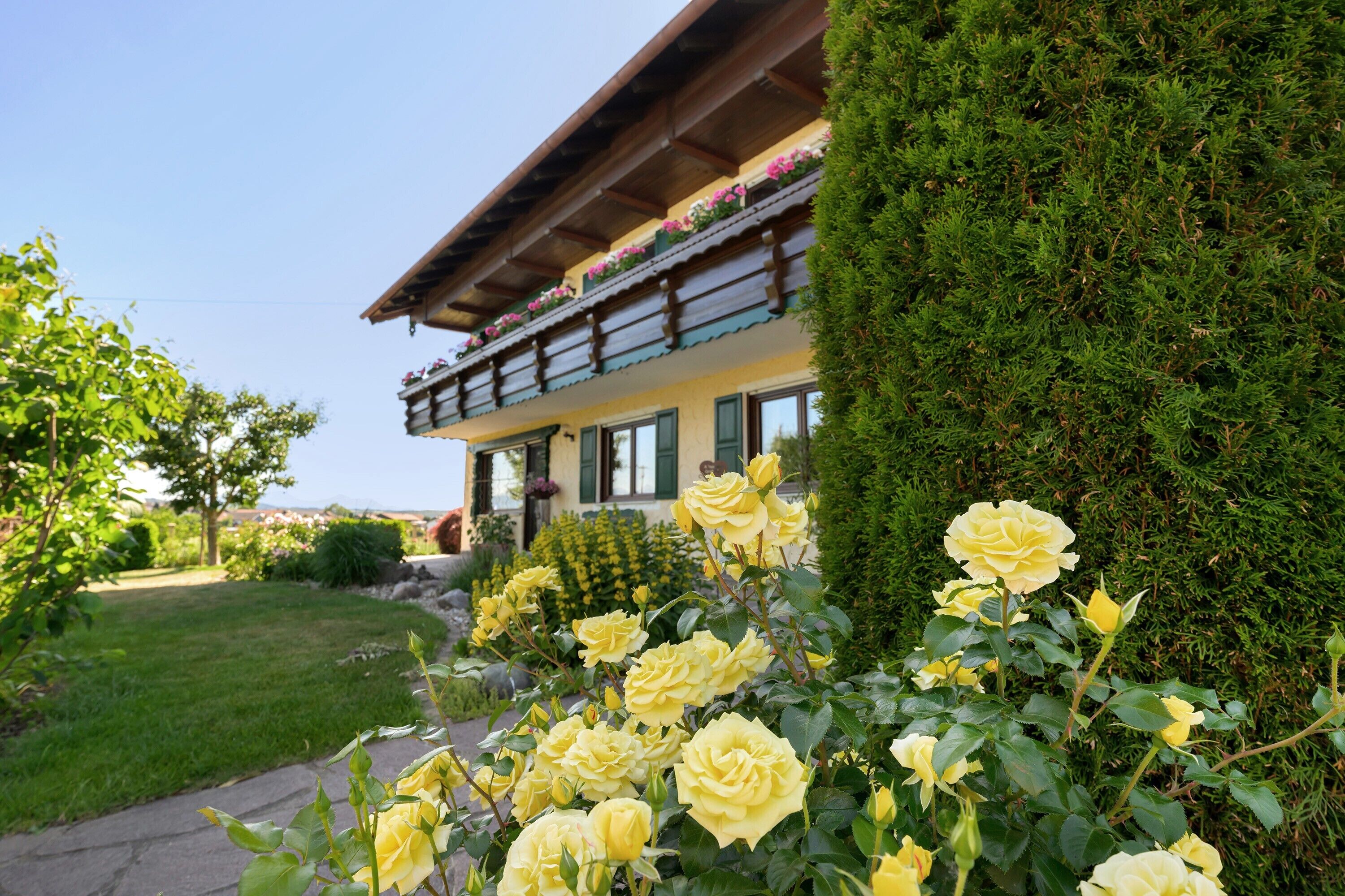 Un immeuble doté d’un balcon, entouré d’un jardin bien entretenu où poussent des rosiers jaunes.