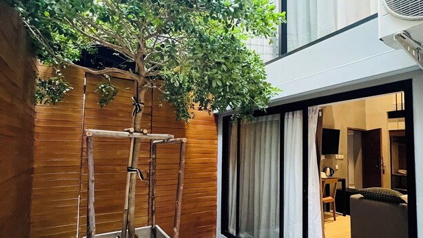 A modern outdoor area with a wooden planter, a small tree, and a tiled patio. - Woodstory Boutique Hotel (Bangkok)