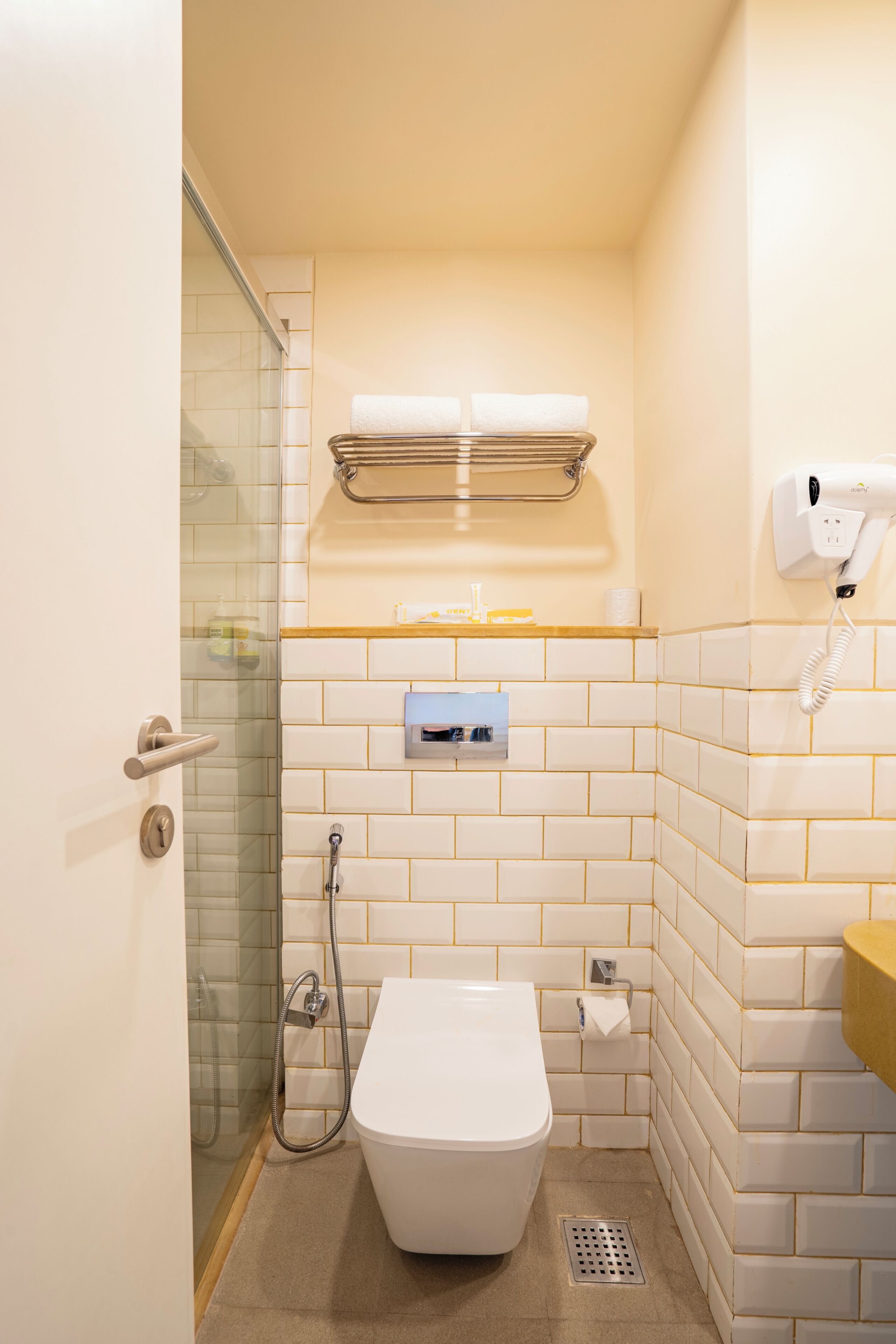 A bathroom with a toilet, a shower, a towel rack, and a hairdryer.