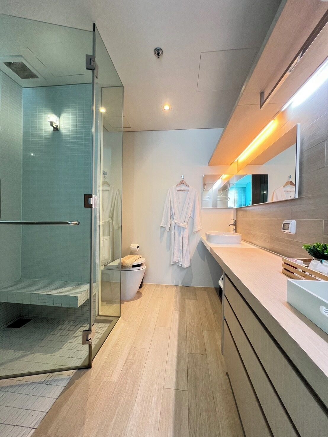 A modern bathroom with a glass-enclosed shower, a toilet, a sink, and a mirror.