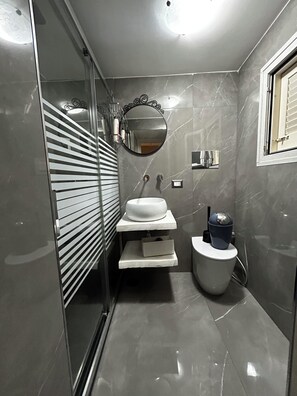 Bathroom features a wall-mounted mirror, pedestal sink, and toilet, with a glass shower enclosure.