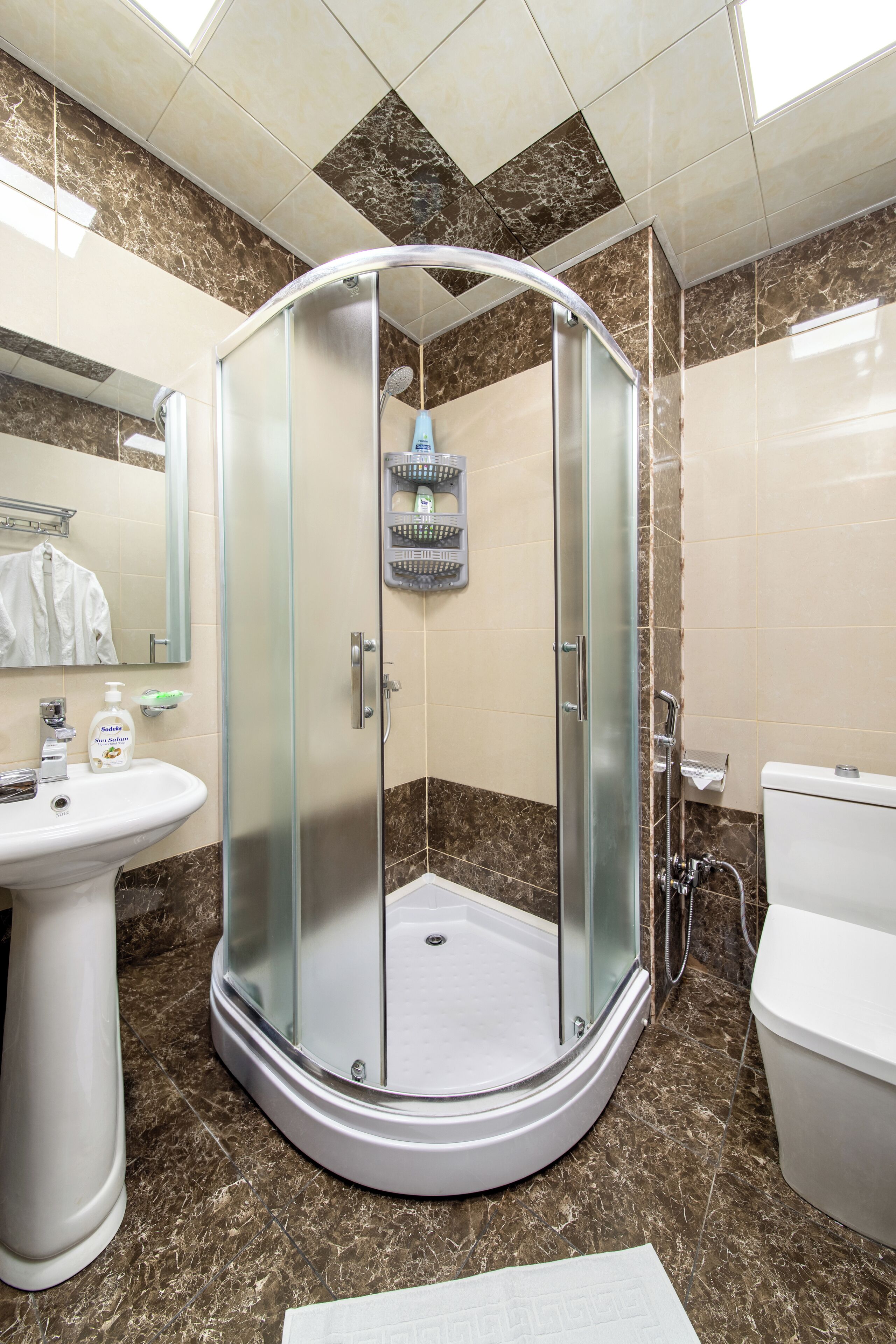 A modern bathroom with a glass-enclosed shower, a white sink, and a toilet.