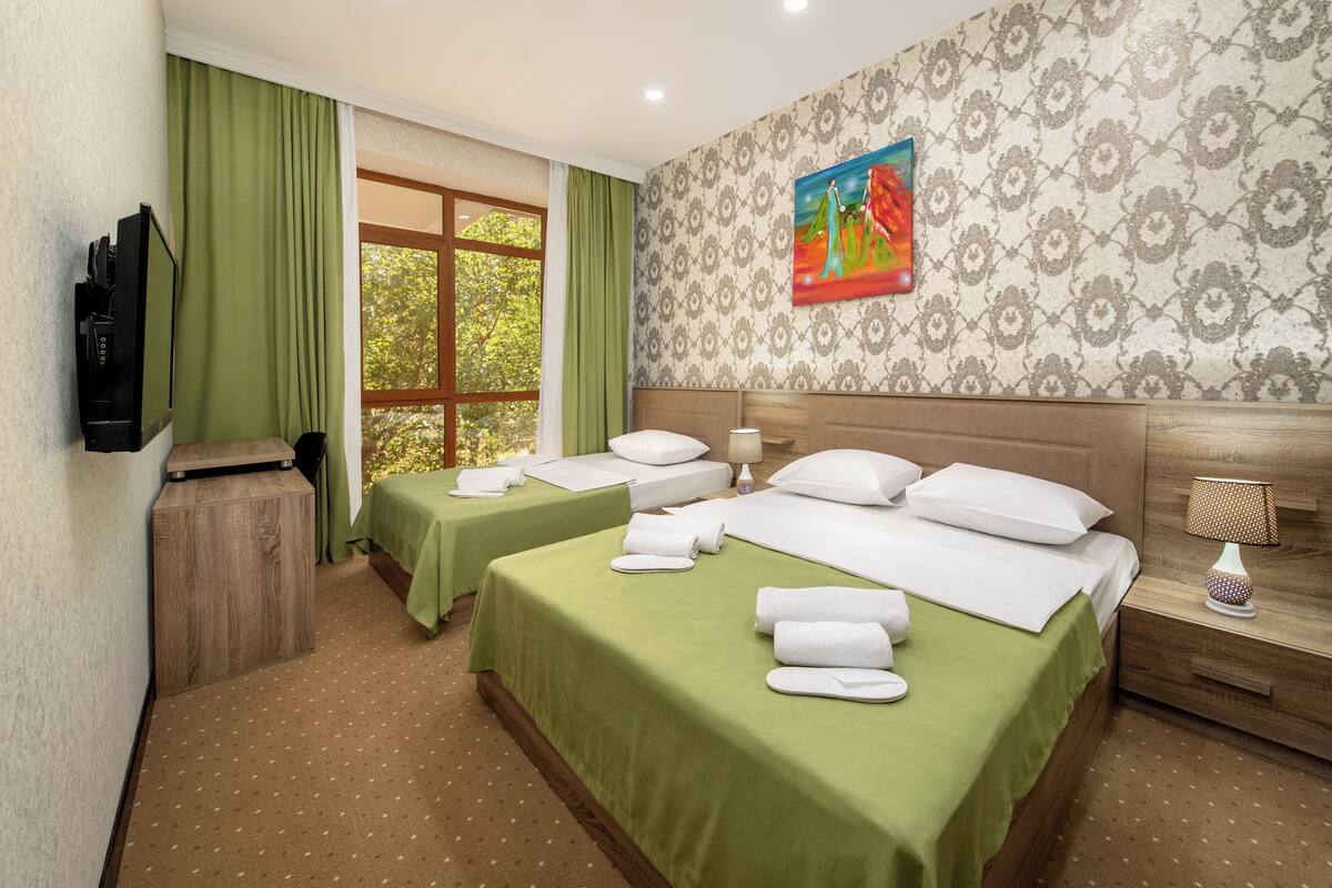 Habitación de hotel con dos camas, un televisor, un escritorio y una ventana con cortinas.