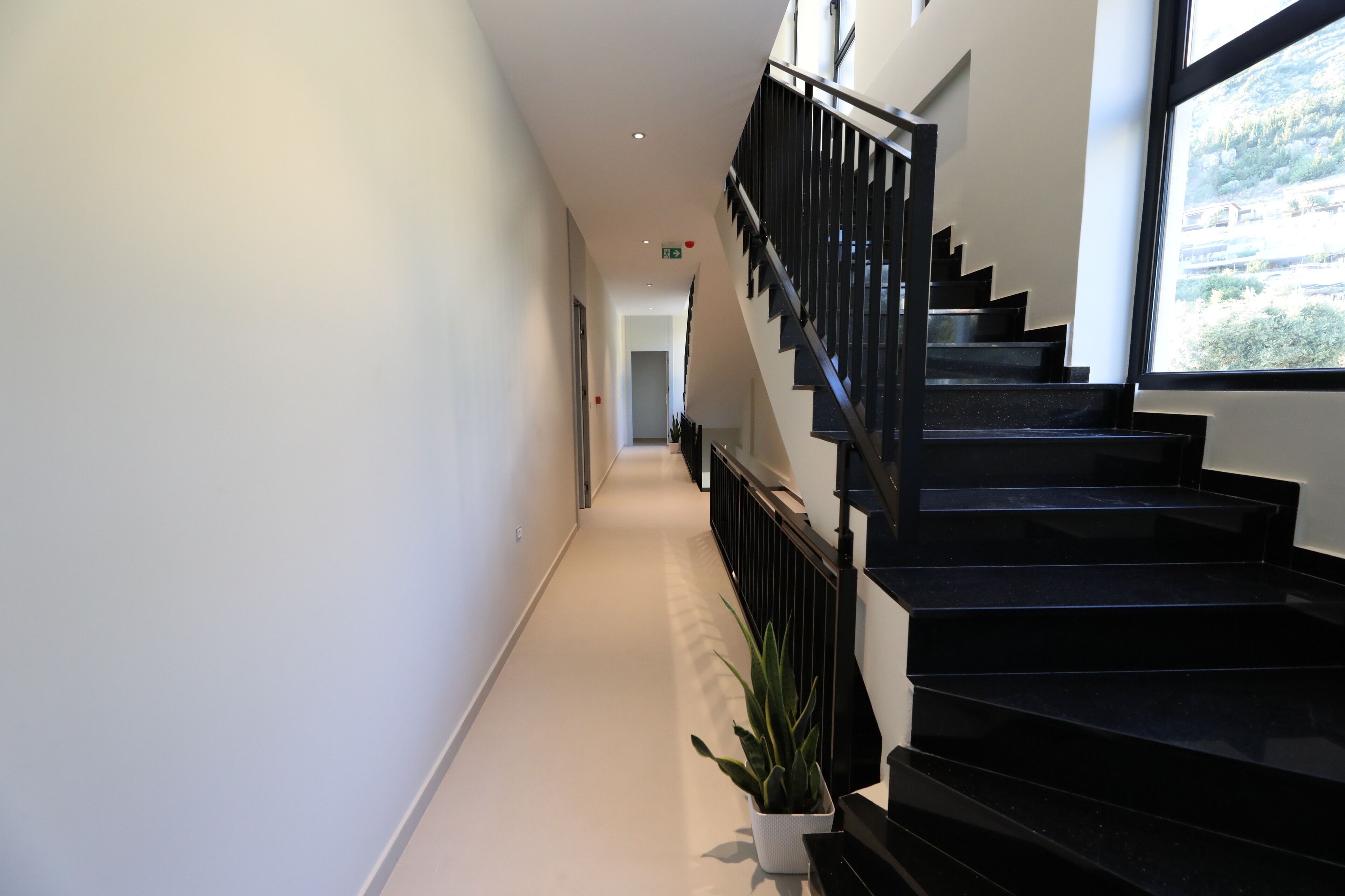 A modern interior with a staircase, a potted plant, and a view through a window.