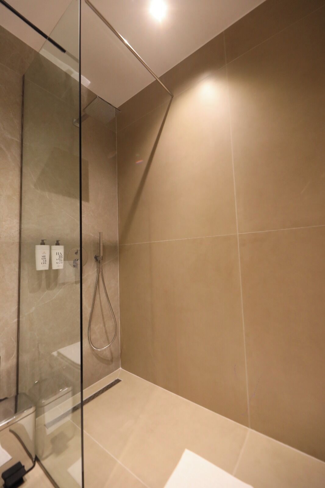 A modern bathroom with a glass shower enclosure, a handheld showerhead, and two bottles of shampoo and conditioner on the wall.