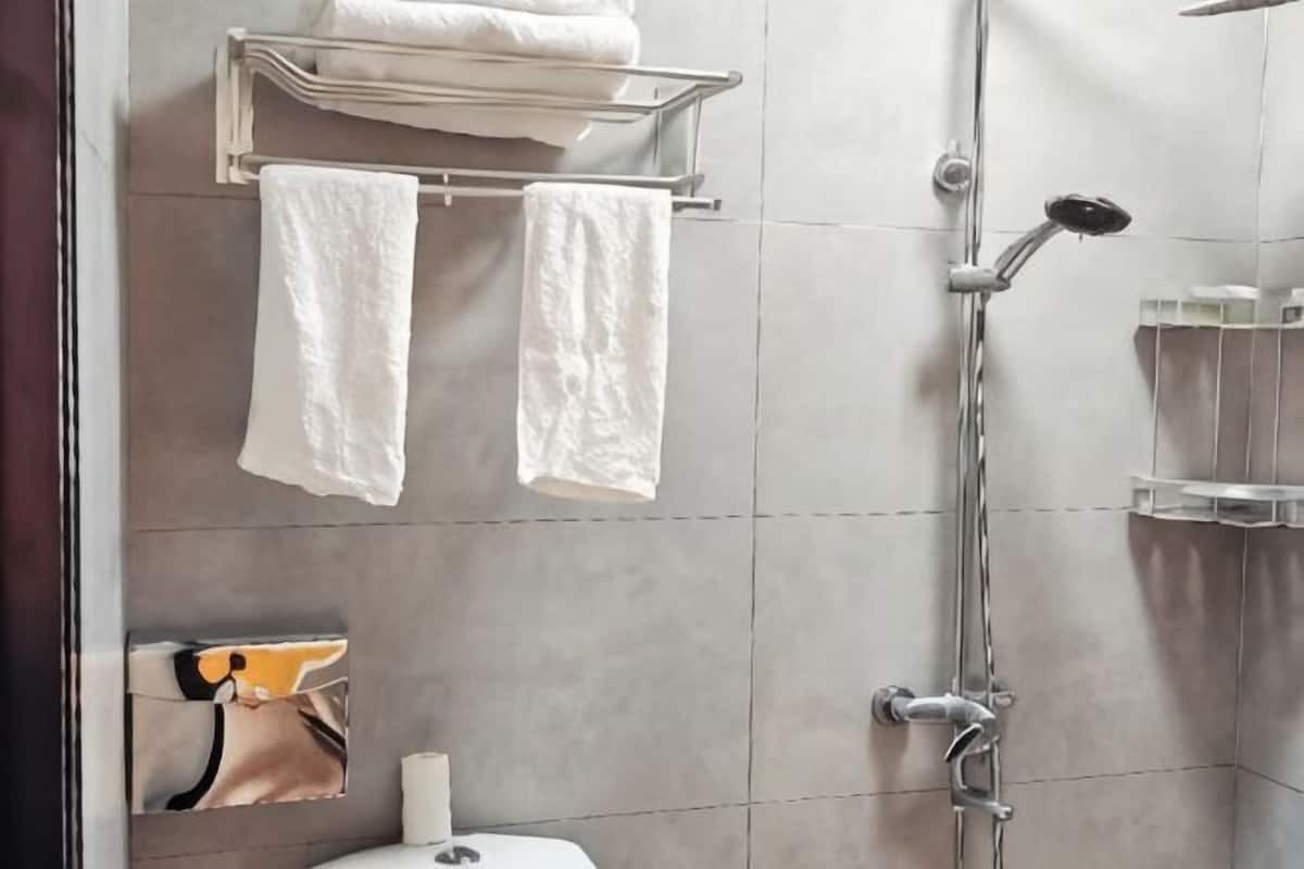 Casa de banho com chuveiro, porta-toalhas, sanita e prateleira com produtos de higiene pessoal.