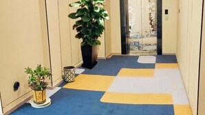 Un pasillo con alfombra de diseño azul y amarillo, una planta grande en maceta y una pequeña mesa con una lámpara.