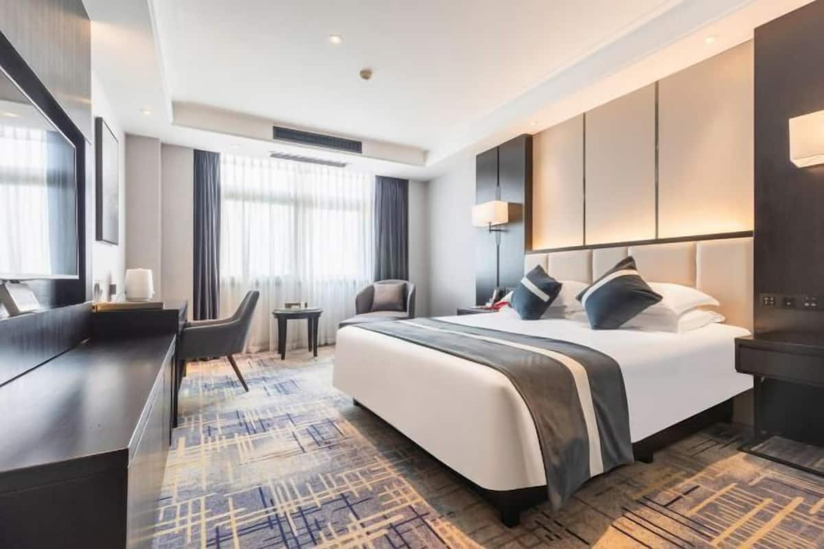 Habitación de hotel moderna con una cama grande, un escritorio, una silla y vistas al exterior.