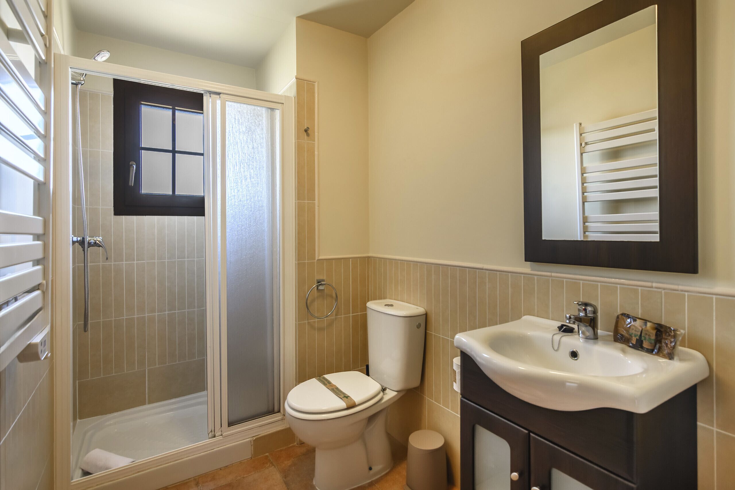 A bathroom with a shower, toilet, sink, and a mirror.