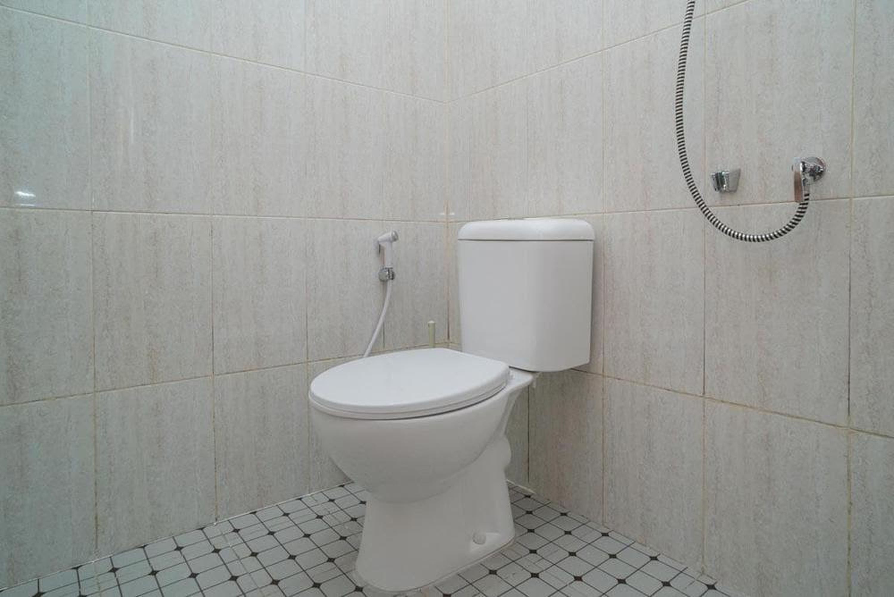 A white toilet with a tank and a shower head on the wall.