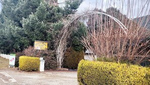 A roadside sign for a holiday flat, surrounded by dense foliage and a hedge. - 2BDR Holiday Flat near Bright-Entire Place (Freeburgh)