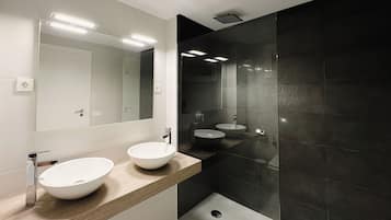 Shower, hair dryer, bidet, towels