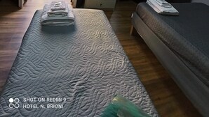 A hotel room with a bed, a bedside table, a TV, and a view of the outside balcony. - Albergo N. Brioni (Trieste)
