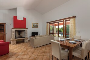 Family House, Multiple Bedrooms, 2 Bathrooms (Pool House In Greenery) | Living area | 21-inch flat-screen TV with satellite channels, fireplace - Pool House In Greenery (Rasa)