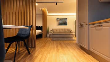 Flat-screen TV, heated floors