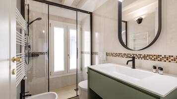 Shower, hair dryer, bidet, towels