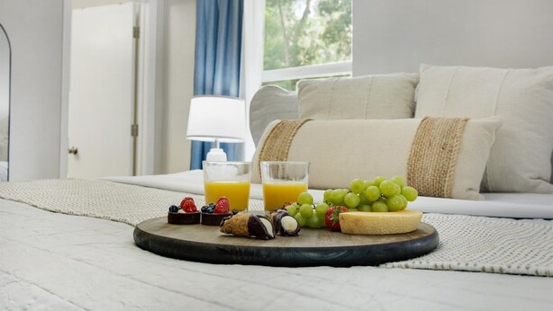 A breakfast tray with fruit, chocolate, and juice on a bed in a hotel room with a view of trees through a window. - The Canopy on 10th | Game Room • Pets • Pergola (Gainesville)