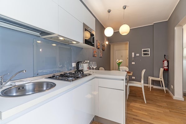 Fridge, microwave, dishwasher, electric kettle