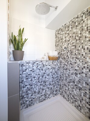 Een douche, een haardroger, handdoeken, zeep